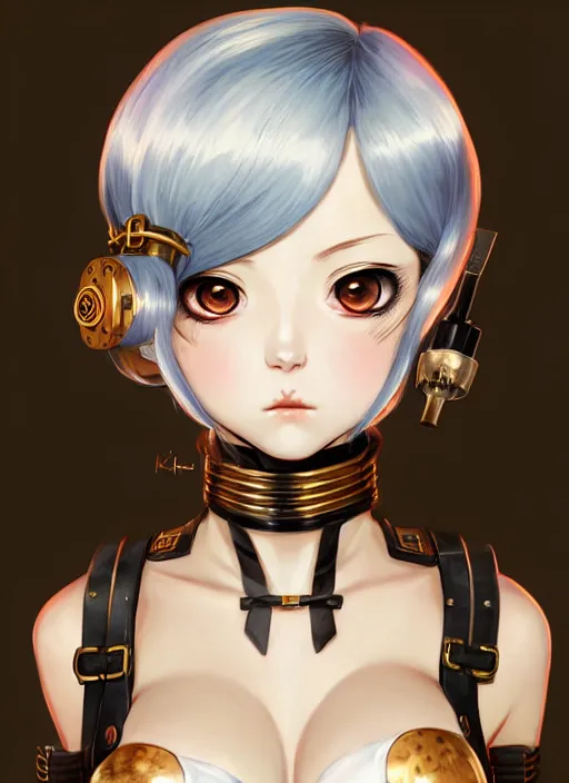 Image similar to portrait Anime girl in steampunk bikini armor, cute-fine-face by Ilya Kuvshinov, white-hair pretty face, realistic shaded Perfect face, fine details. Anime, steampunk, bioshock. realistic shaded lighting, by Gustav Klimt