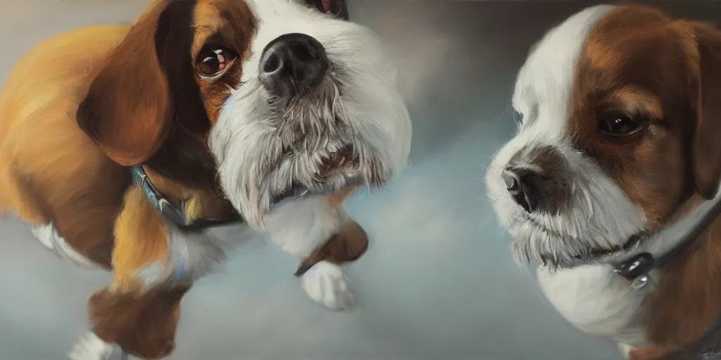 Image similar to a dog, cinematic angle, studio Ghibli, cinematic lighting, detailed oil painting, hyperrealistic, 8k