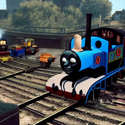 Image similar to thomas the tank engine in the video game twisted metal.