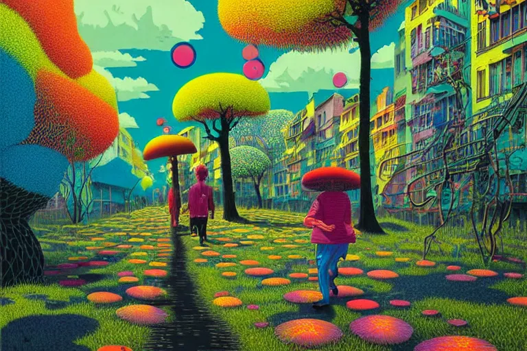 Image similar to surreal glimpse into other universe, jalan - jalan cari makan, summer morning, very coherent and colorful high contrast, art by!!!! gediminas pranckevicius!!!!, geof darrow, floralpunk screen printing woodblock, dark shadows, hard lighting, stipple brush technique,