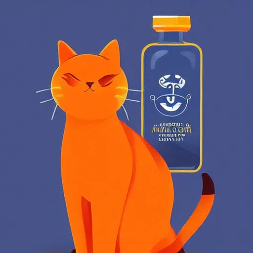 Image similar to a cat standing next to a bottle of medicine. orange cat. animal. digital art. artstation. illustration.