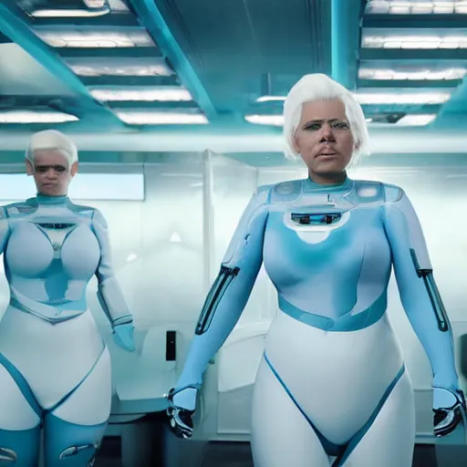 Image similar to formation of determined chubby women with white hair, white hair, tight light blue neopren suits, futuristic production facility, sci - fi, highly detailed, cinematic