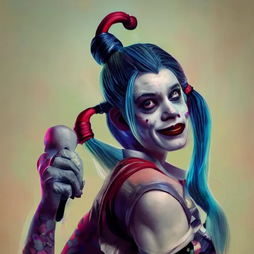 Image similar to Portrait of Harley Quinn but she's a beautiful ape-girl with long pony tails on either side of her head, illustration, by James Jean, artgerm, octane render, by John Coltrane and Marc Simonetti, Manic, inspired by Greg rutkowski, black background, kinemacolor, colorful, high detail of the face, full body