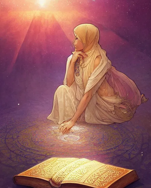 Image similar to an open quran on an old stone in the desert surrounded by nebula, highly detailed, gold filigree, romantic storybook fantasy, soft cinematic lighting, award, disney concept art watercolor illustration by mandy jurgens and alphonse mucha and alena aenami, pastel color palette, featured on artstation