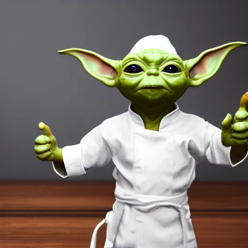 Prompt: curious innocent tiny baby yoda as chef wearing white chefs hat and white apron and giving thumbs up, vegetables, photography, hyperrealism, unreal engine, octane 3 d render, houdini, unity 3 d, highres, adobe premier pro, trending on artstation, trending on deviantart