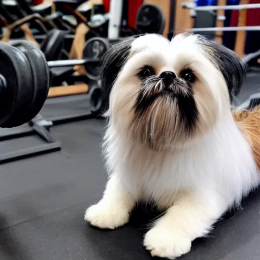 Prompt: a muscular body builder shi-tzu posing at the gym