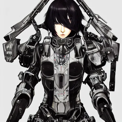 Image similar to girl wearing full suit of cyberpunk armor, intricate armor design, shigenori soejima illustration, heavy lineart, oil on canvas