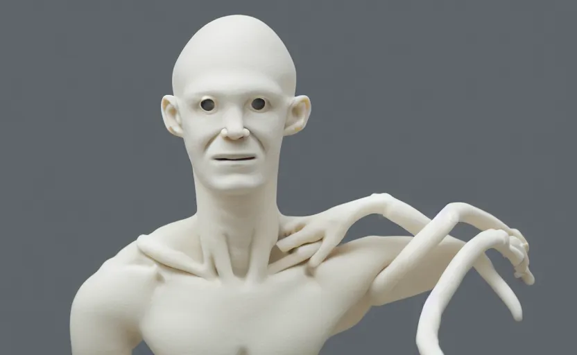 Prompt: human body made from white clay, head and hair, posing, sss, white solid, pale skin