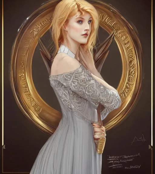 Image similar to katherine mcnamara wearing a golden dress, grey hair, red necktie, cinematic, stunning, highly detailed, digital painting, artstation, smooth, hard focus, full body shot, illustration, art by artgerm and greg rutkowski and alphonse mucha