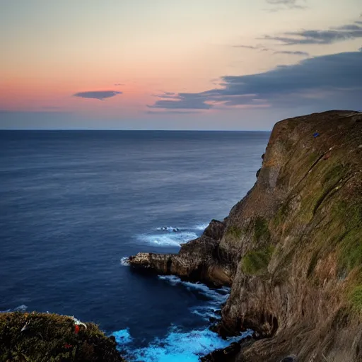 Image similar to deep blue, blue hour, early night, deep blue atmosphere, overcast, low light, black and blue sky, sundown, scattered islands, sea, ocean, low pressure system, cloud with eye, very windy, late evening, distant hotel retreat on cliffside, shining lights on cliff side, polaroid photograph