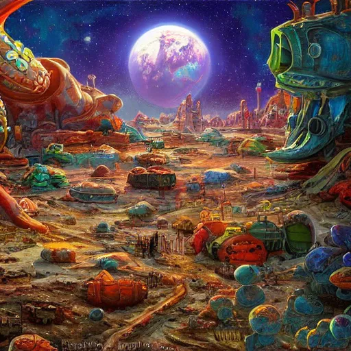 Image similar to spaceport orbiting ancient post - apocalyptic planet, jim henson creature shop, vivid and colorful, thomas kincaid, cinematic, oil painting, highly detailed, illustration