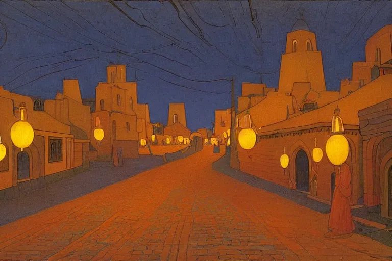 Image similar to winding street at twilight in a very old very beautiful city by Thomas Seddon and Nicholas Roerich and jean delville, glowing paper lanterns, strong dramatic cinematic lighting , ornate tiled architecture, lost civilizations, smooth, sharp focus, extremely detailed