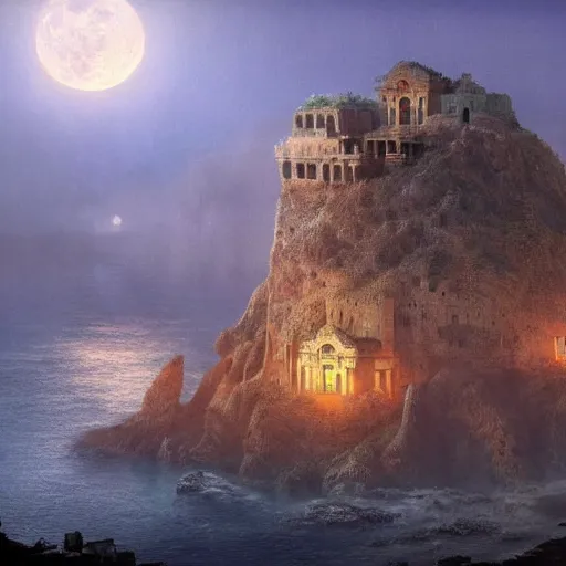 Prompt: massive ancient palace on a cliffside by the sea. surrounded by a village. moonlight. mist. mystical. concept art. matte painting. hyper detailed