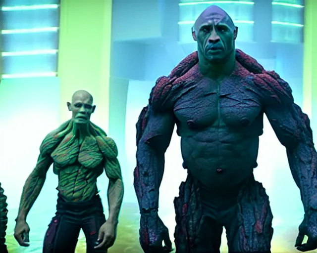 Prompt: the rock as a stone golem, space mercenary, still from the movie guardians of the galaxy