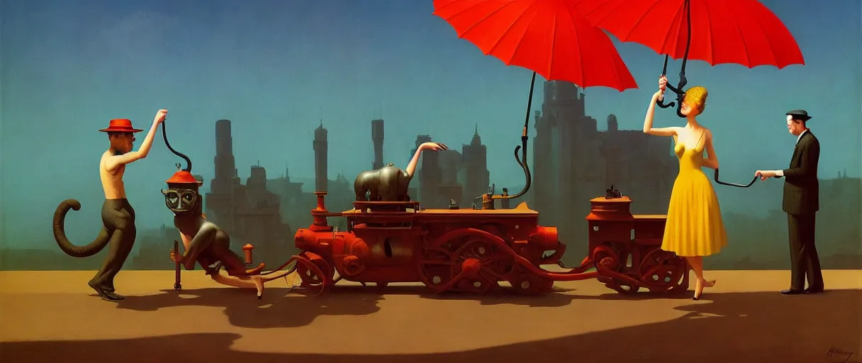 Prompt: steam engine, monkey dancing with umbrella, Edward Hopper and James Gilleard, Zdzislaw Beksinski, Mark Ryden, Wolfgang Lettl highly detailed