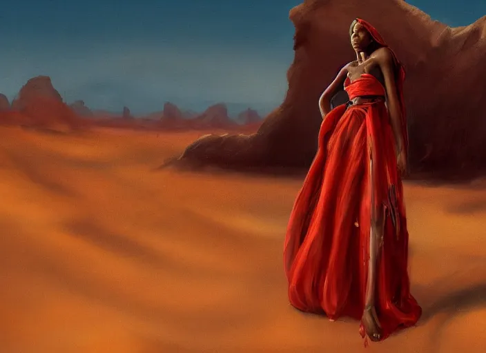 Prompt: desert landscape, portrait painting beautiful realism, an african girl with red hair, wear gowns, who was sprawled out was about to rise, his face covered in blood. cinematic scene, good lighting, fine art, trending on artstation, smooth draw, sharp focus.