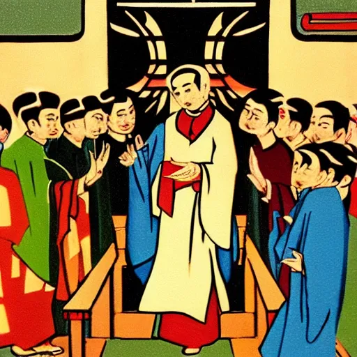 Image similar to a realistic oil painting of baby priest giving orders to its congregation of followers. art deco style mixed with retro japanese book art