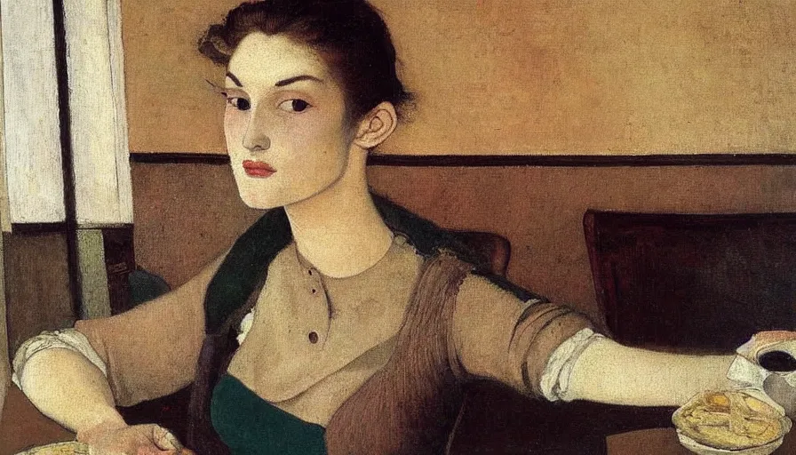 Prompt: painting by balthus, young woman in cafe, detailed, stunning