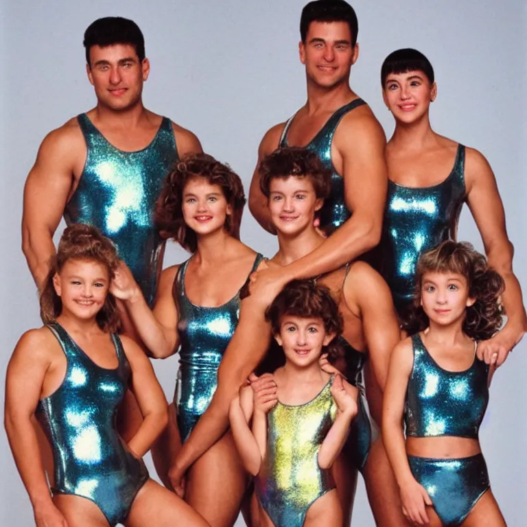 Image similar to a 1990's sears portrait, an incredibly muscular family wearing shiny reflective iridescent latex bodysuits