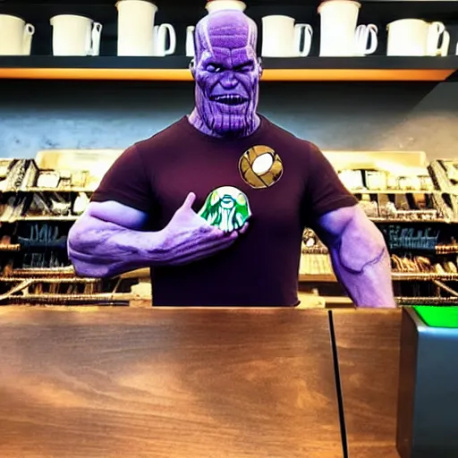 Image similar to thanos as a starbucks barista, serving iron man