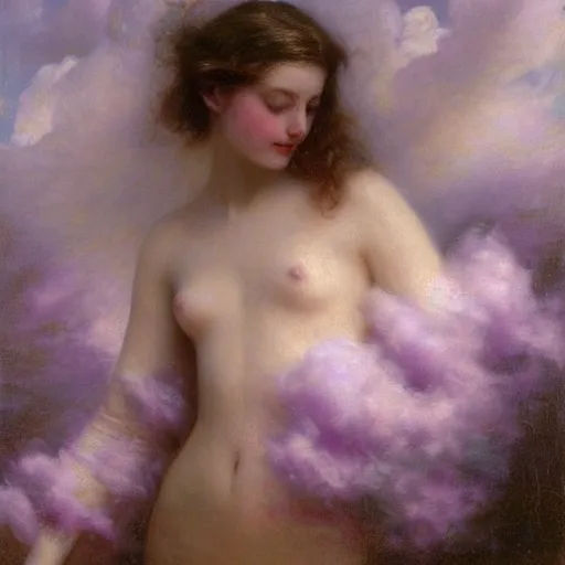 Image similar to A beautiful body art of a castle in the clouds. pale violet by Thomas Benjamin Kennington turbulent, harrowing