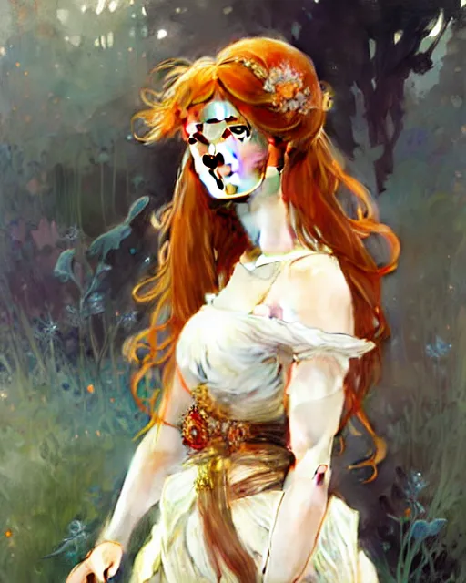 Image similar to a cool ginger girl. she is dressed as a princess. clean elegant painting, beautiful detailed face. by artgerm and greg rutkowski and alphonse mucha