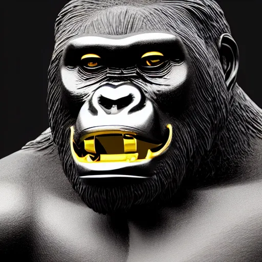 Image similar to portrait of gorilla gold statue reflect chrome, 8 k uhd, unreal engine, octane render in the artstyle of finnian macmanus, john park and greg rutkowski