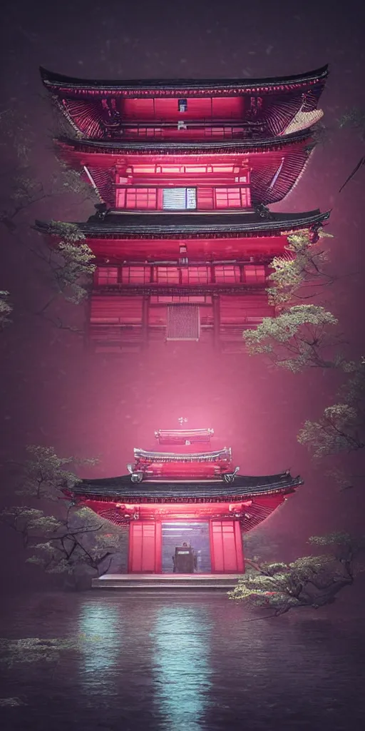 Image similar to “an ancient Japanese temple, shrouded in a cyberpunk city, during a rainy night, 4k, cinematic, pink and aqua neon lights, dark, hyperrealistic, trending of art station”