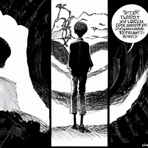 Prompt: Bottomless pit supervisor inspects a bottomless pit, manga, over the shoulder shot, b&w, by Junji Ito