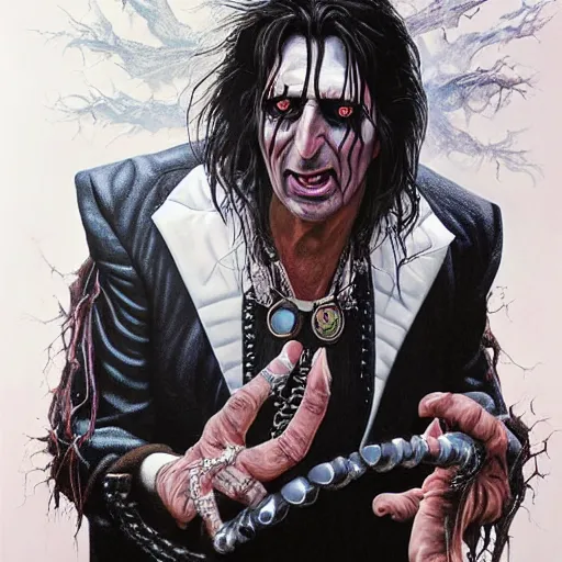 Prompt: a hyperrealistic painting of Alice Cooper as a boss in Elden Ring by Jason Edmiston,