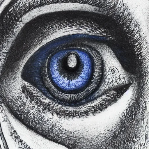 Image similar to Close-up of Femto from Berserk, pencil drawing. El Greco, Remedios Varo, Salvador Dali, Carl Gustav Carus, John Atkinson Grimshaw. Blue tint. Symetrical, logo, geometric shapes.