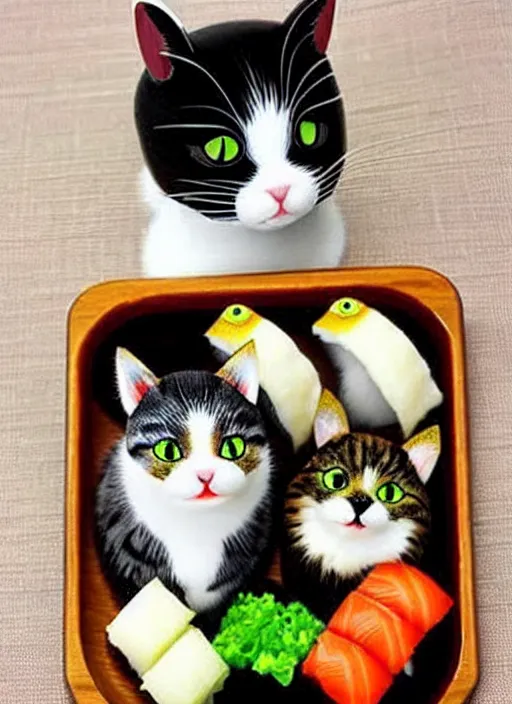 Image similar to clear photorealistic picture of adorable cats made out of sushi