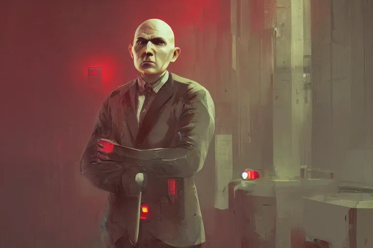 Image similar to an expressive portrait of agent 4 7 wearing headphones in a monastery, dark background, red rim light, digital art, artstation, concept art by giger stalenhag