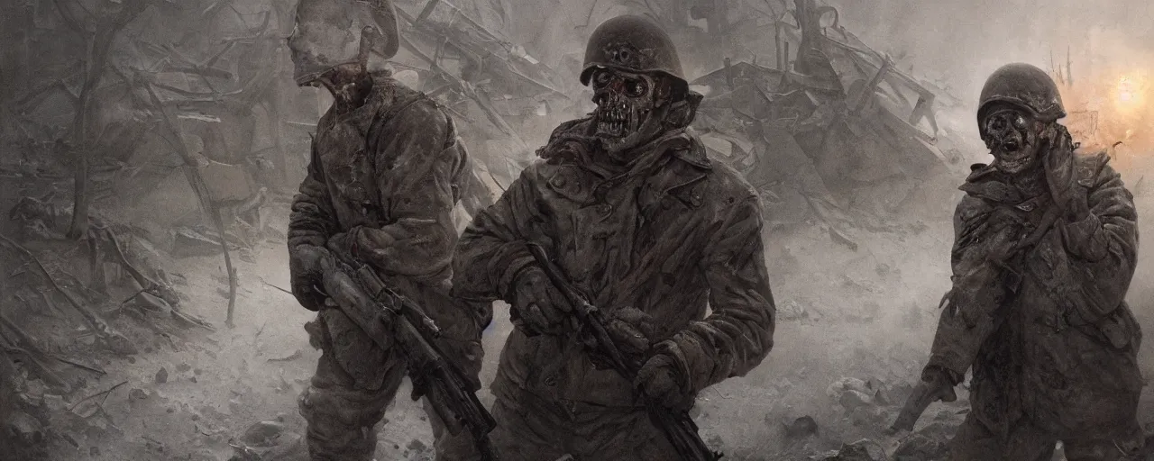 Image similar to an extremely detailed dark macabre photorealistic matte portrait of a soviet war soldier fighting zombies in a nuclear winter by J.C Leyendecker and Zdzisław Beksiński , Vietnam horror, destroyed street liminal space, dramatic lighting, trending on artstation, 8K, HDR, I cant believe how nightmarish this is