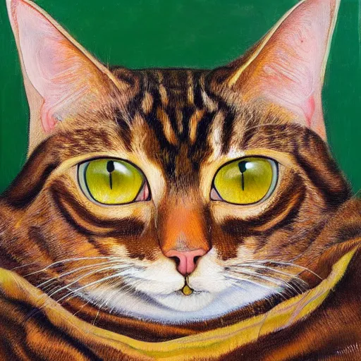 Image similar to high quality high detail painting by lucian freud, hd, brown cat with yellow eyes