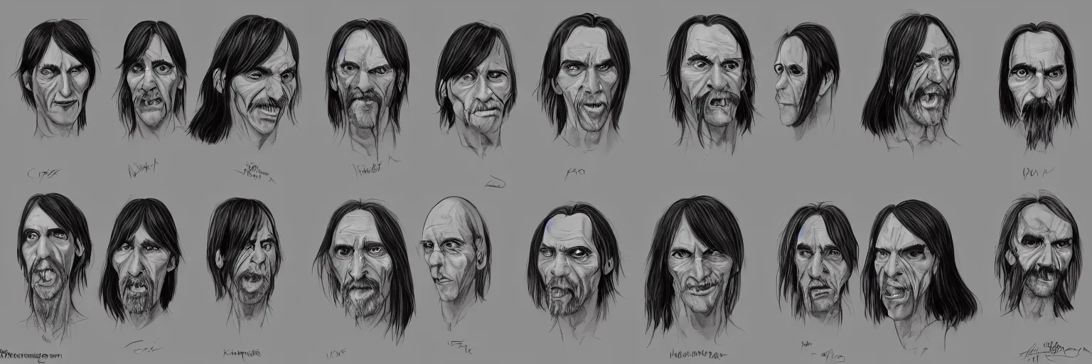 Image similar to character study of charles manson and iggy pop, clear faces, wild, crazy, character sheet, fine details, concept design, contrast, kim jung gi, pixar and da vinci, trending on artstation, 8 k, full body and head, turnaround, front view, back view, ultra wide angle