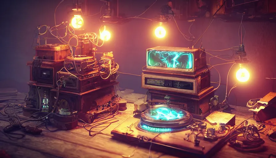 Prompt: A glowing electrical Steampunk videogame console with hand controllers in a victorian museum, james gurney, cinematic lighting, lots of steam and sparks, wires made of copper, artstation, vibrant nature, Tuomas Korpi, tekkon kinreet, volumetric light, artstation, , octane render, redshift render, low angle camera, rich deep moody colors