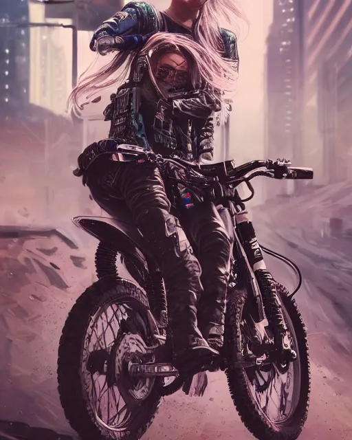 Image similar to cool girl wearing cyberpunk intricate streetwear riding dirt bike, beautiful, detailed portrait, cell shaded, 4 k, concept art, by wlop, ilya kuvshinov, artgerm, krenz cushart, greg rutkowski, pixiv. cinematic dramatic atmosphere, sharp focus, volumetric lighting, cinematic lighting, studio quality