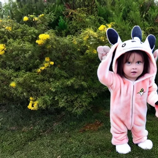 Prompt: totoro wearing a pikachu onsie