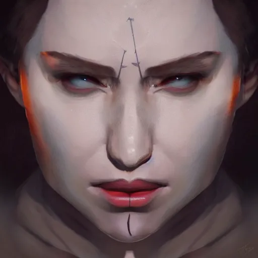 Image similar to shadow of the cross, impudent facial expression of shameless woman, trending on artstation, highly detailed, digital painting, volumetric light, concept art, sharp focus, illustration