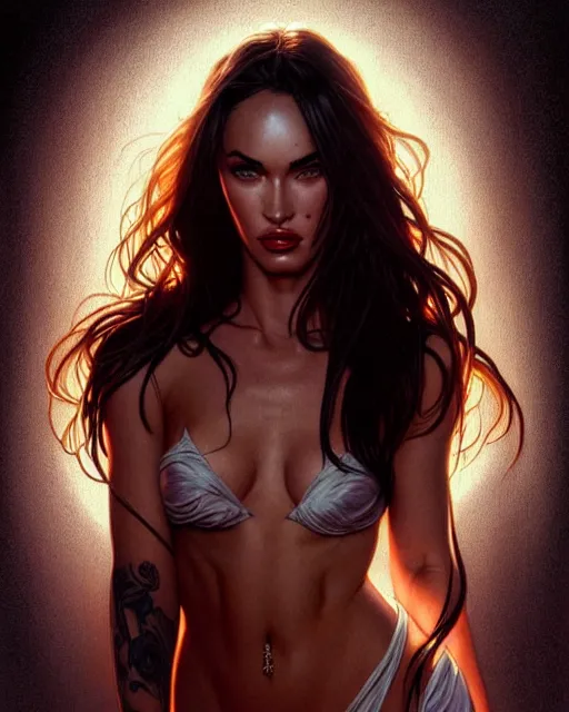 Image similar to portrait of megan fox with sultry face expression, glowing eyes, intricate, headshot, highly detailed, digital painting, artstation, concept art, sharp focus, cinematic lighting, illustration, art by artgerm and greg rutkowski, alphonse mucha, cgsociety