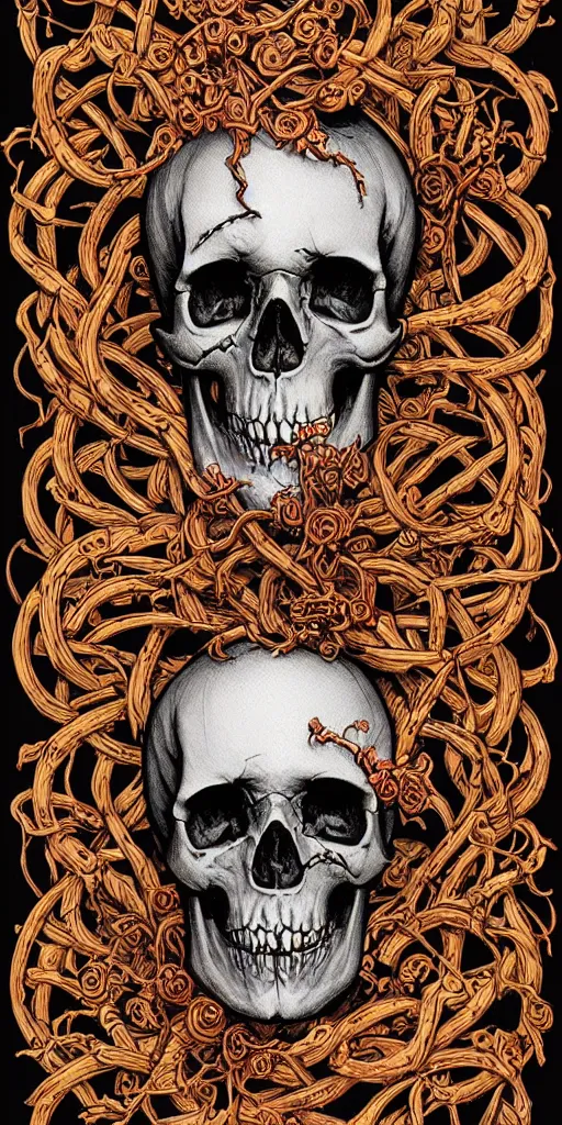 Image similar to human skull wrapped in vines + black paper + elements + red + gold + neon + baroque + rococo + white + orange + ink + tarot card with ornate border frame + marc simonetti, paul pope, peter mohrbacher, detailed, intricate ink illustration