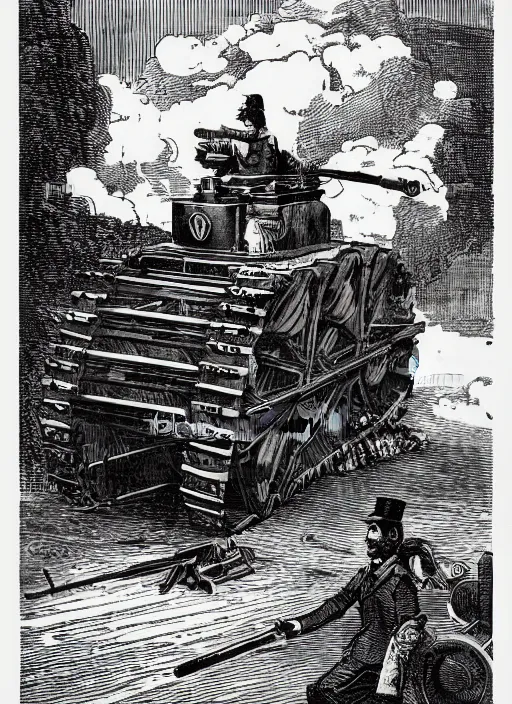 Prompt: 19th century wood-engraving of a steam powered Renault FT tank with no person around, whole page illustration from Jules Verne book, art by Édouard Riou Jules Férat and Henri de Montaut, frontal portrait, high quality, beautiful, highly detailed, removed watermarks