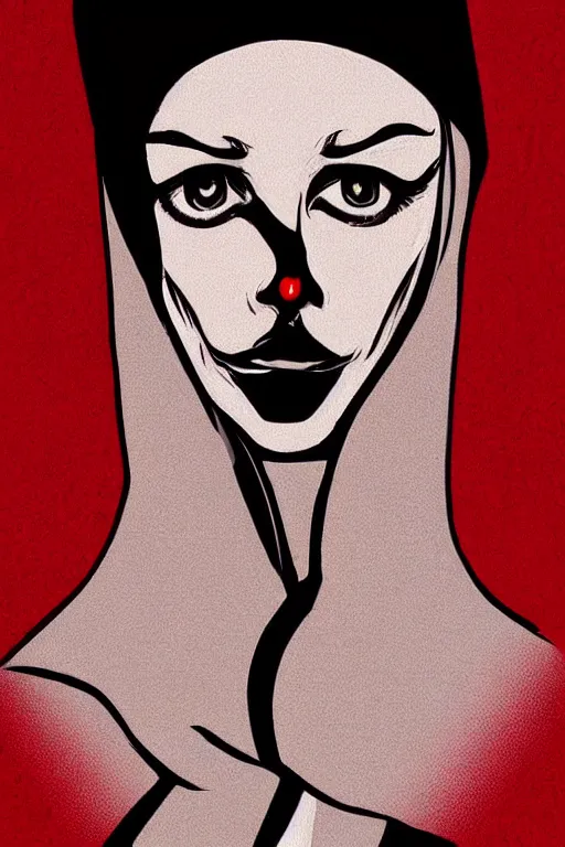 Prompt: portrait, digital painting, an evil nun, black habit, realistic, hyperdetailed, spooky, chiaroscuro, red rim lighting, black background, concept art, art by roy lichtenstein