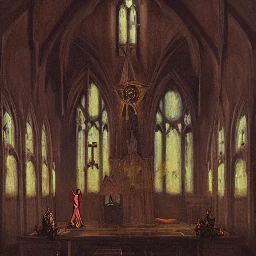 Prompt: a story about a witch begging for her life in a church, victorian painting, by simon stalenhag