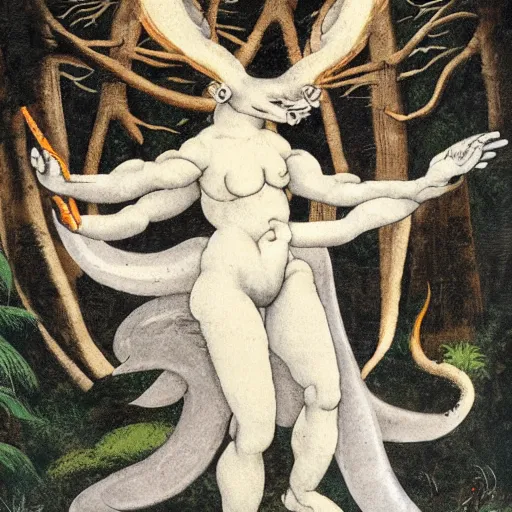 Prompt: a kitsune spirit in a dark forest, painted by michelangelo