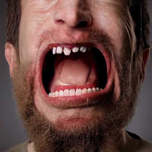 Image similar to long shot photo of a man where his skin is covered with dendritic cordyceps militaris, mouth open, style by david cronenberg, large format full frame photography, hyperrealism