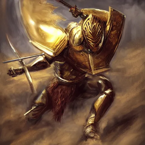 Image similar to gold knight fighting cougar, concept art, honorable, cinematic