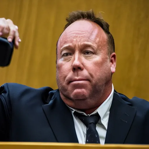 Prompt: Alex Jones desperately reaching for his out of reach phone in the courtroom, ((EOS 5DS R, ISO100, f/8, 1/125, 84mm, RAW, sharpen, unblur))