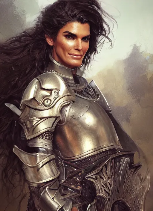 Image similar to portrait of angie harmon as a legendary knight warrior, au naturel, hyper detailed, digital art, trending in artstation, cinematic lighting, studio quality, smooth render, unreal engine 5 rendered, octane rendered, art style by klimt and nixeu and ian sprigger and wlop and krenz cushart.